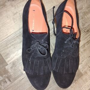 Via Spiga Black Suede Loafers with Fringe